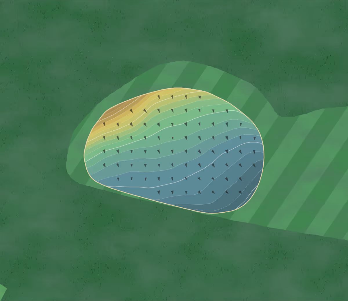 Green contour map of Anstruther in Anstruther, Scotland — 61 elevation contours at a 8-centimeter interval with fall-line arrows, traced from 1-meter lidar