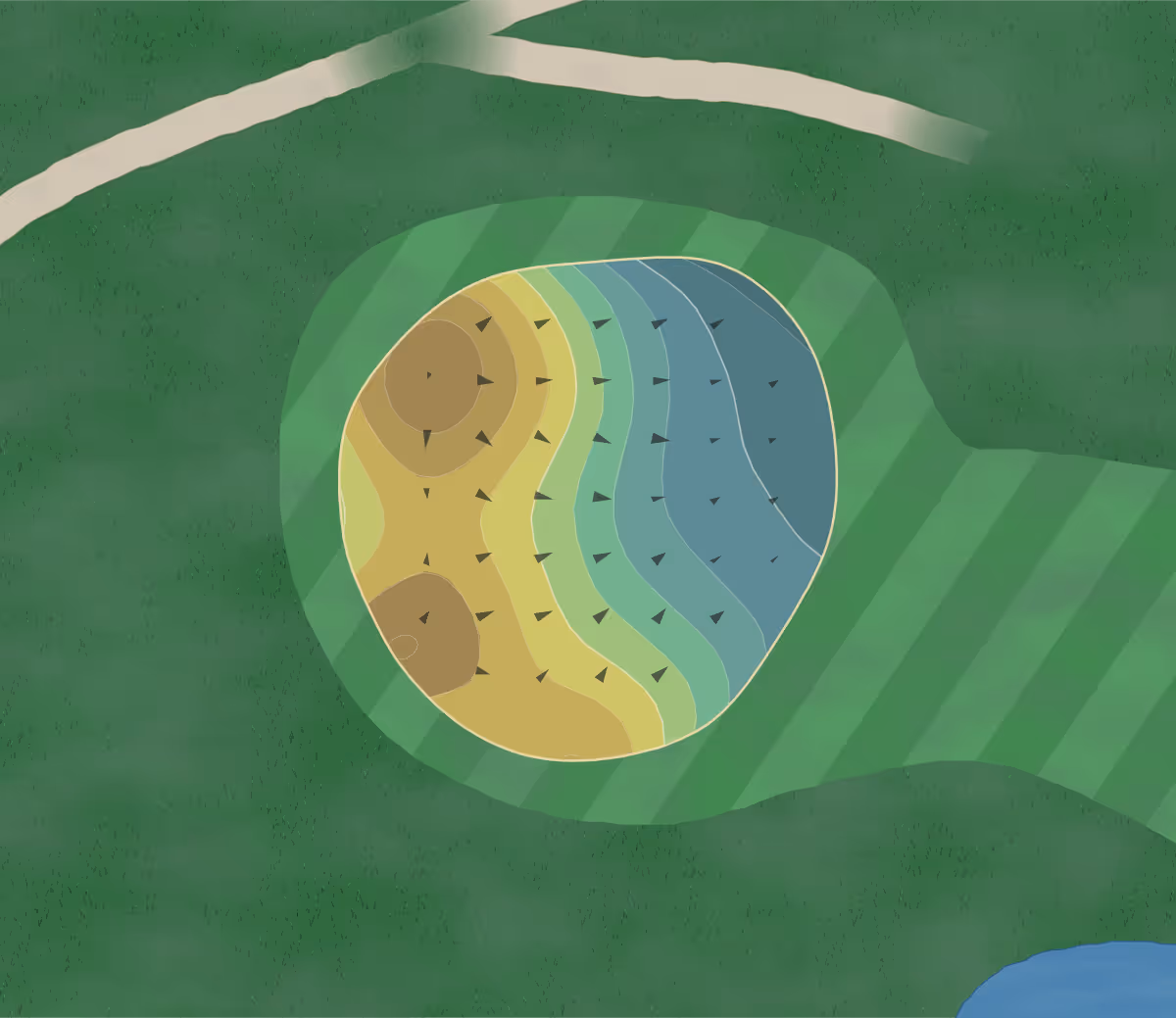 Green contour map of Antelope Greens in Antelope, California — 110 elevation contours at a 3-inch interval with fall-line arrows, traced from 1-meter lidar