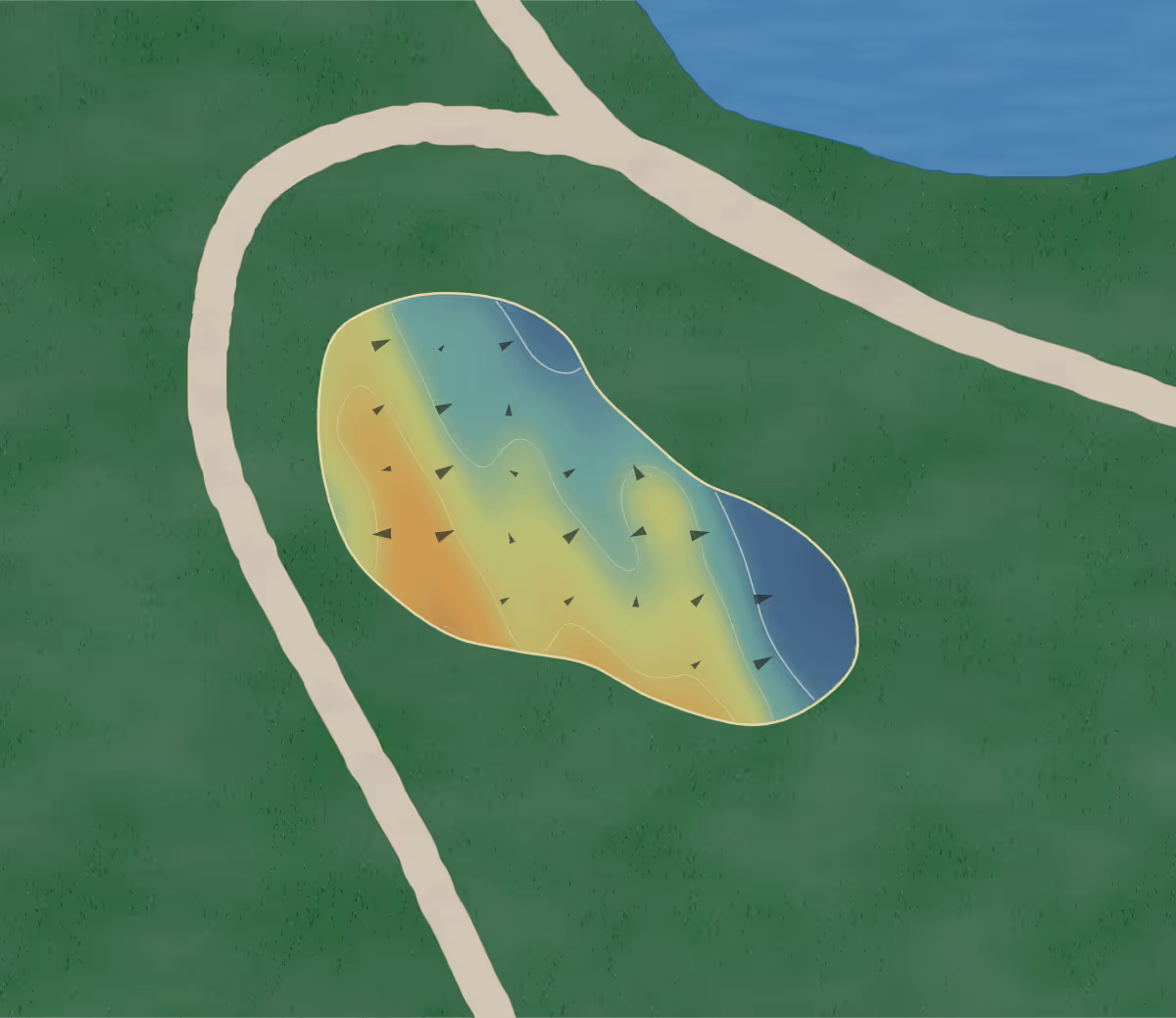Green contour map of AP Greens in Marne, Michigan — 28 elevation contours at a 3-inch interval with fall-line arrows, traced from 1-meter lidar