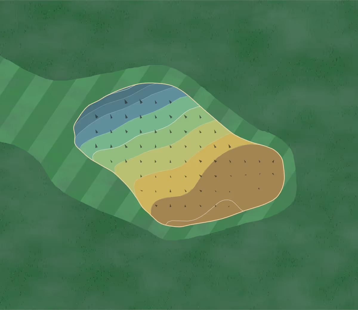 Green contour map of Arbor Pointe in Inver Grove Heights, Minnesota — 33 elevation contours at a 3-inch interval with fall-line arrows, traced from 1-meter lidar