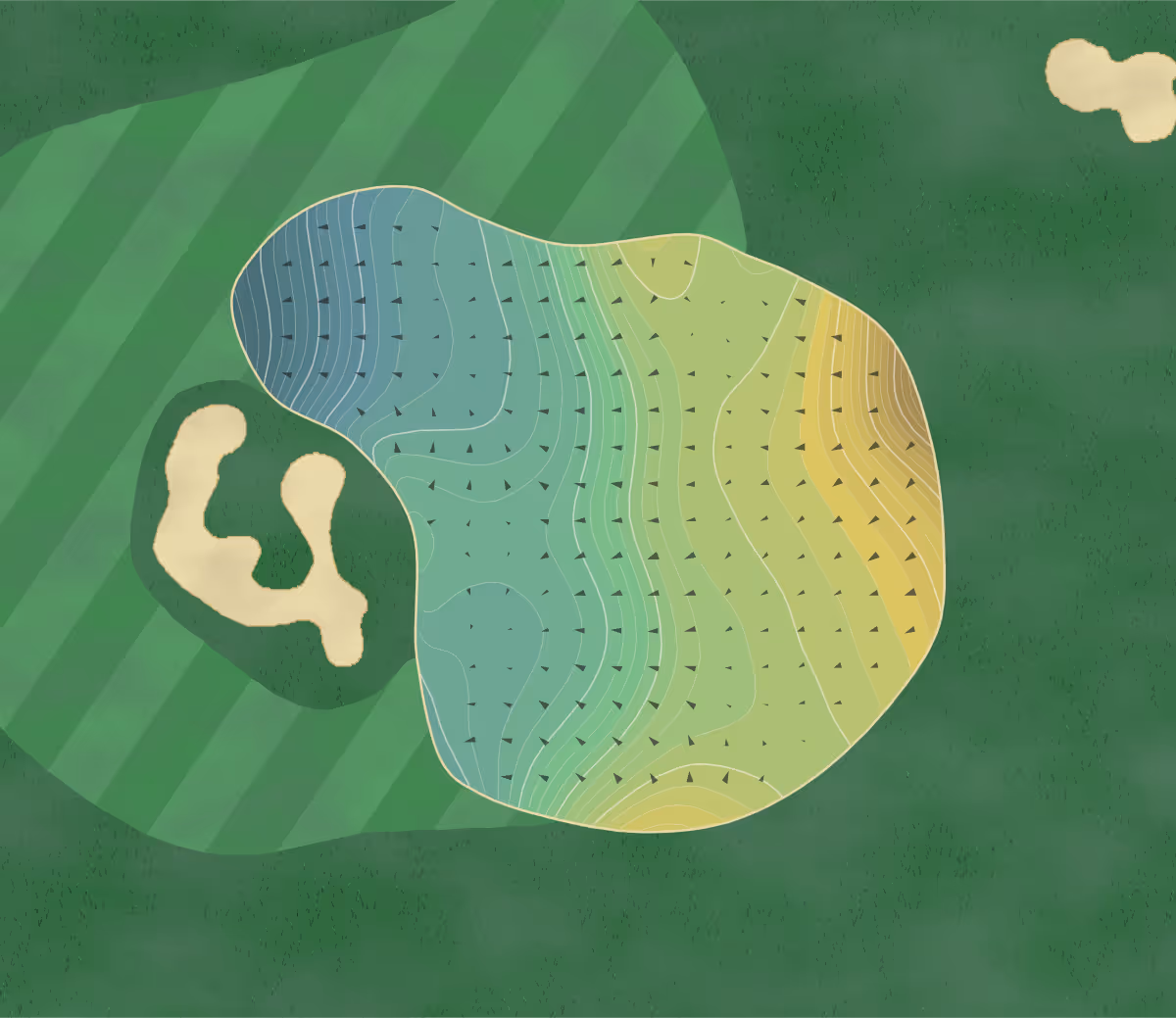 Green contour map of Arcadia Bluffs in Arcadia, Michigan — 421 elevation contours at a 3-inch interval with fall-line arrows, traced from 1-meter lidar
