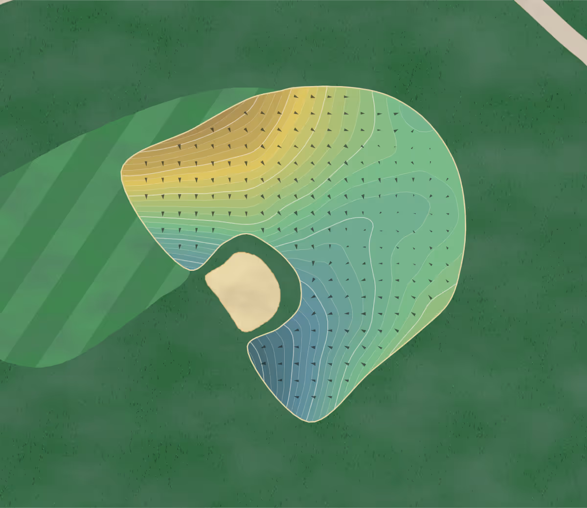 Green contour map of South Course in Arcadia, Michigan — 328 elevation contours at a 3-inch interval with fall-line arrows, traced from 1-meter lidar