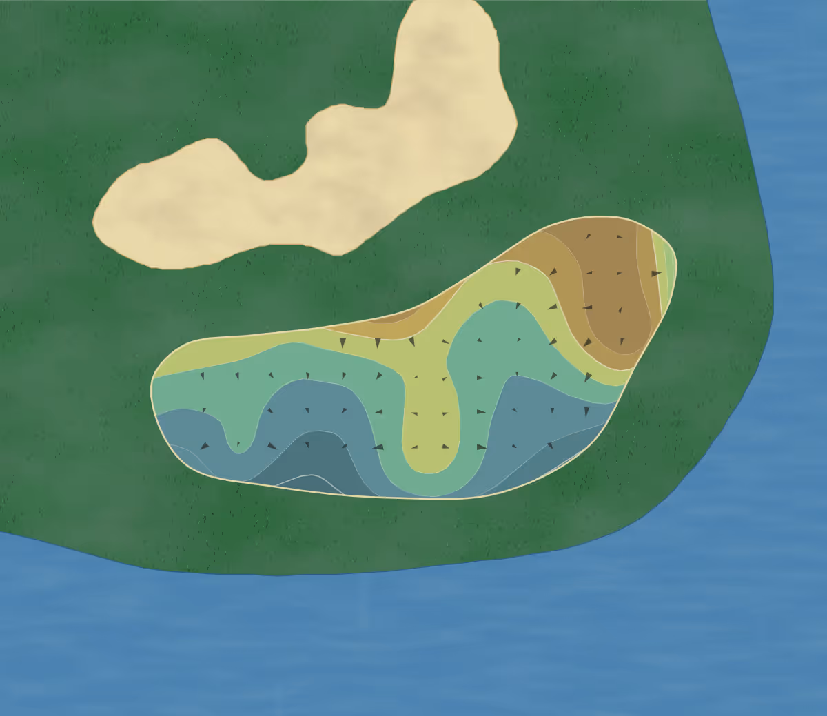 Green contour map of Arcadian Shores in Myrtle Beach, South Carolina — 158 elevation contours at a 3-inch interval with fall-line arrows, traced from 1-meter lidar