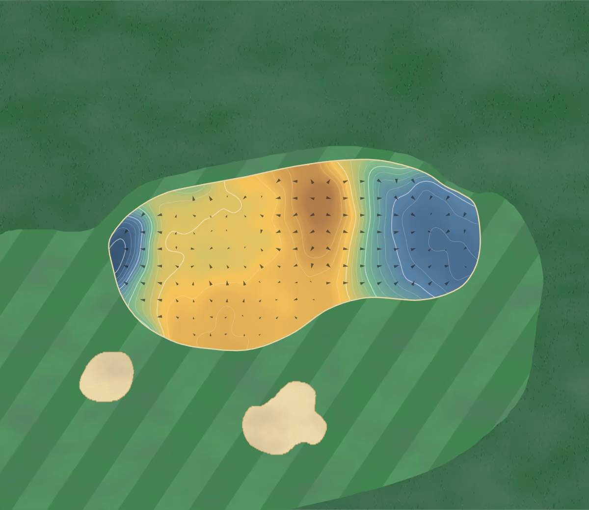 Green contour map of Archerfield in North Berwick, Scotland: 198 elevation contours at a 8-centimeter interval with fall-line arrows, traced from 1-meter lidar