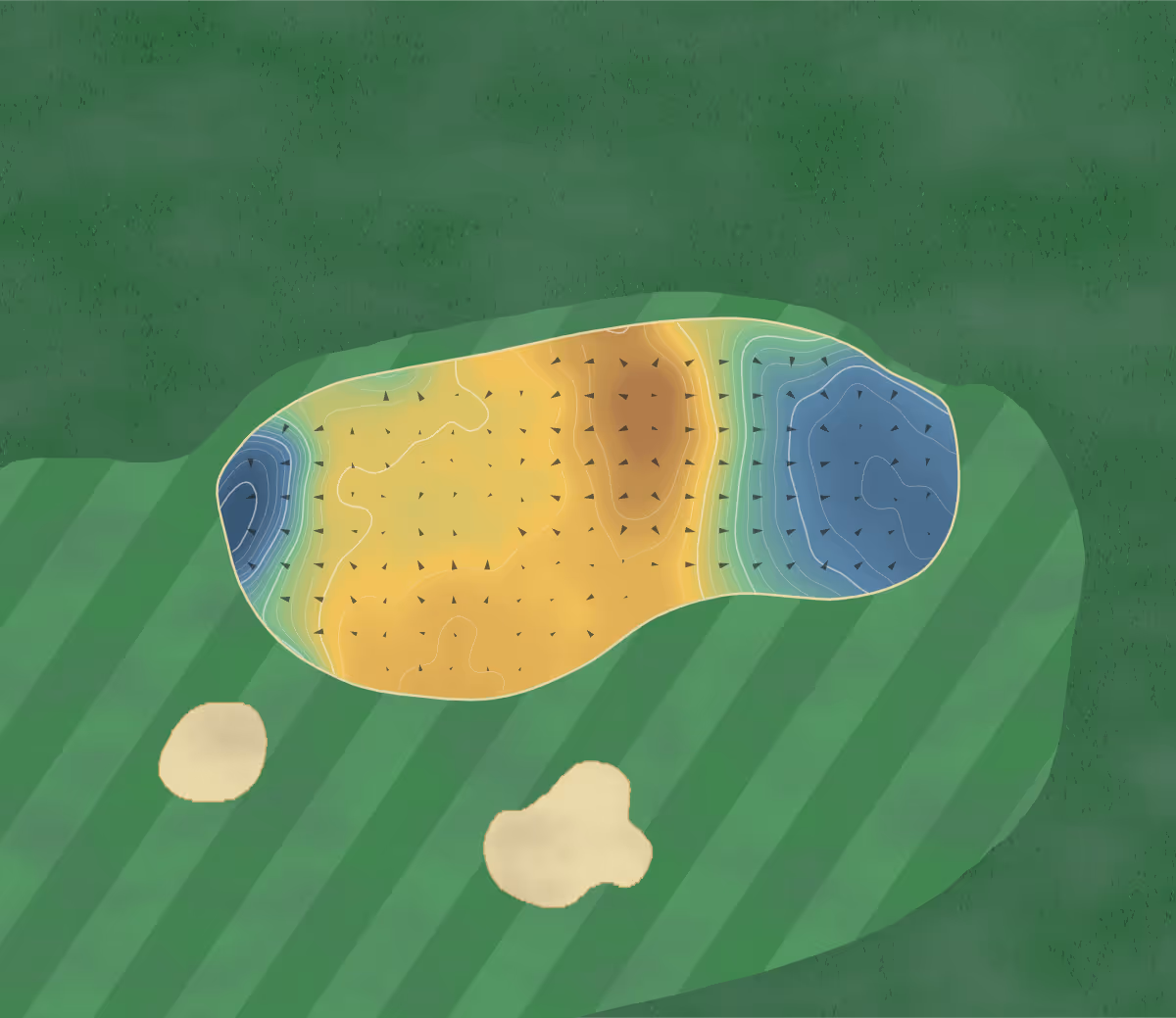 Green contour map of Archerfield in North Berwick, Scotland — 197 elevation contours at a 8-centimeter interval with fall-line arrows, traced from 1-meter lidar
