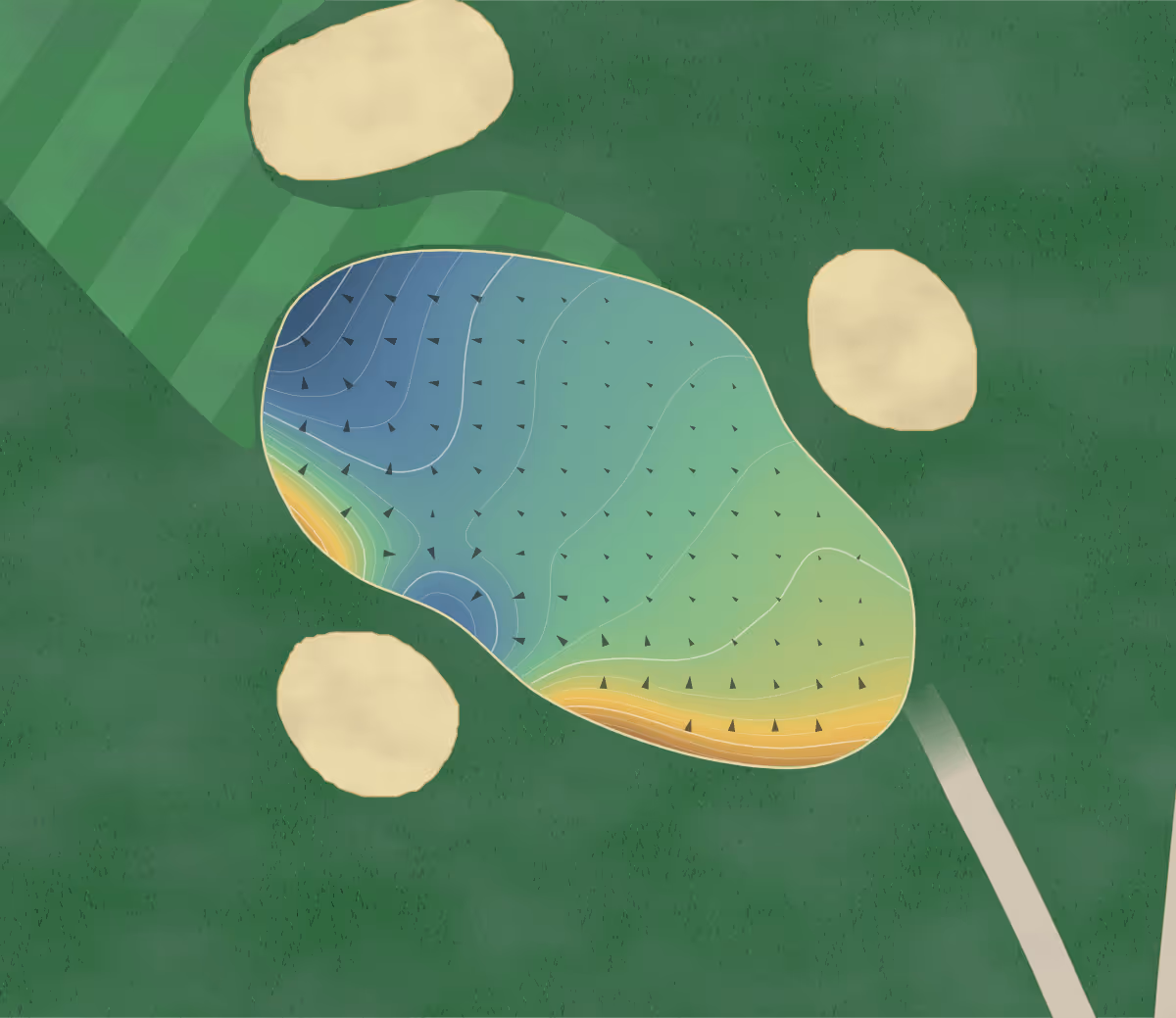 Green contour map of Ardee Golf Club in Ardee, Ireland: 245 elevation contours at a 8-centimeter interval with fall-line arrows, traced from 1-meter lidar