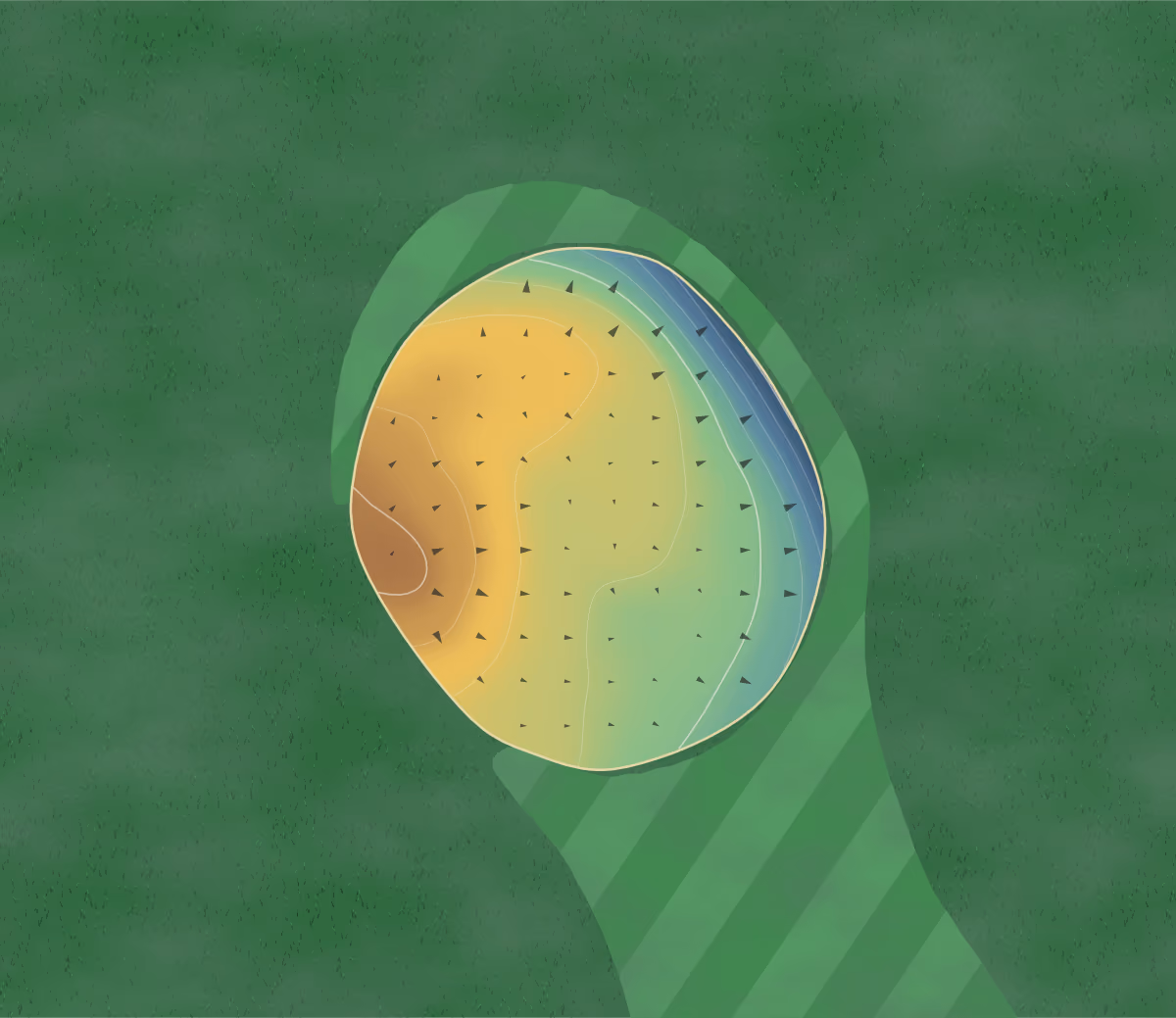 Green contour map of Ardencote in Claverdon, England: 62 elevation contours at a 8-centimeter interval with fall-line arrows, traced from 1-meter lidar