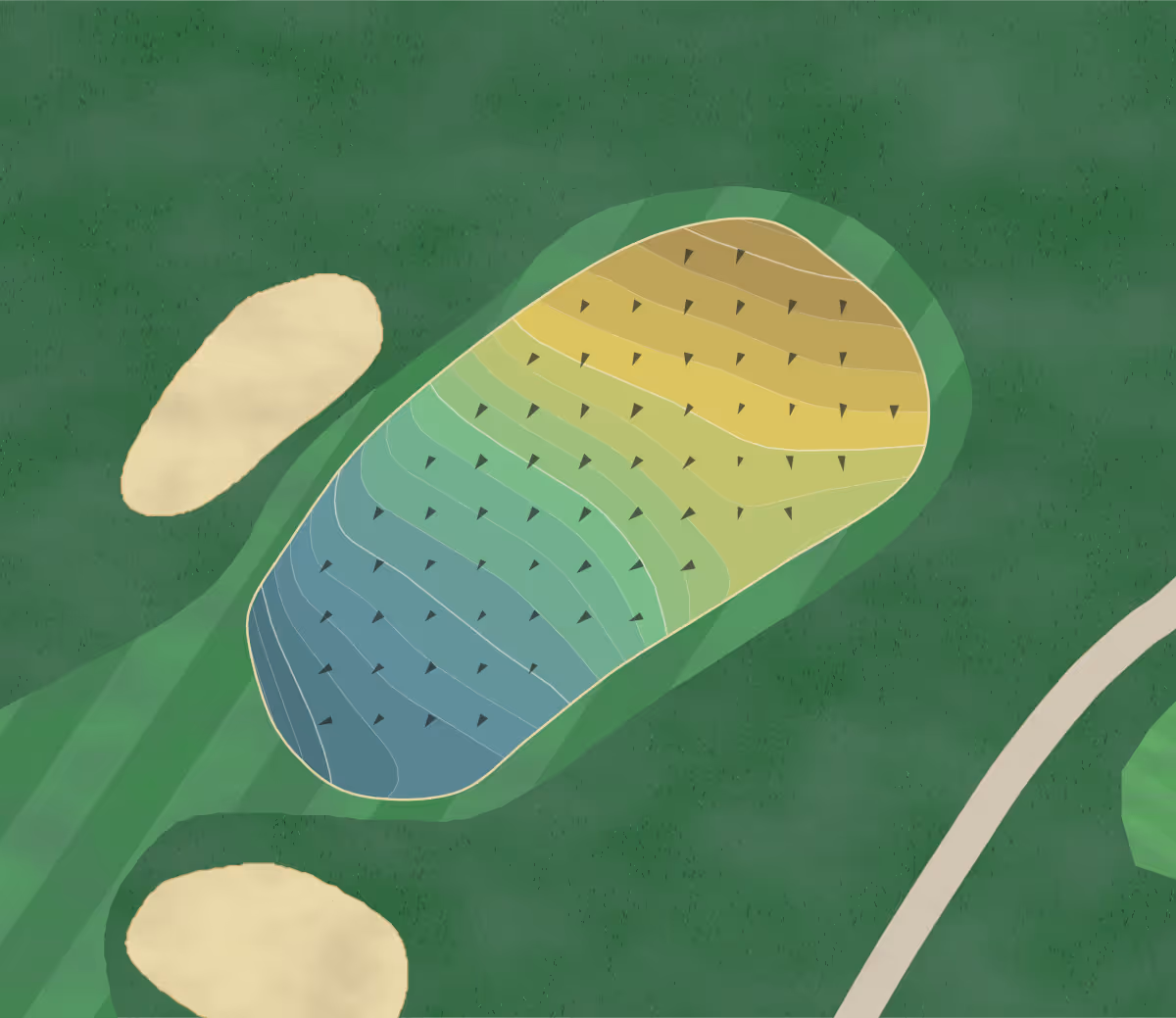Green contour map of Arizona Biltmore in Phoenix, Arizona — 355 elevation contours at a 3-inch interval with fall-line arrows, traced from 1-meter lidar