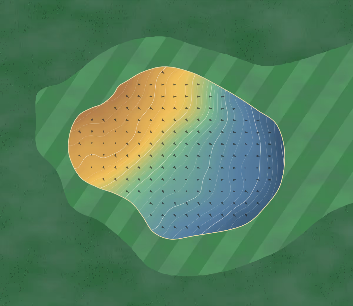 Green contour map of Army Golf Club in Aldershot, England: 113 elevation contours at a 8-centimeter interval with fall-line arrows, traced from 1-meter lidar