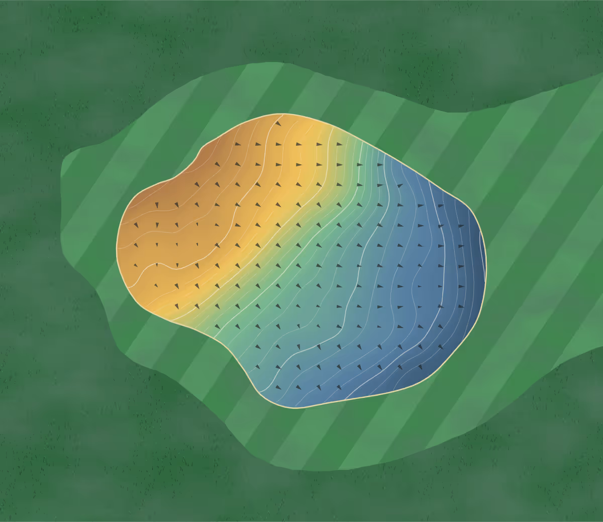 Green contour map of Army in Aldershot, Hampshire, England — 113 elevation contours at a 8-centimeter interval with fall-line arrows, traced from 1-meter lidar