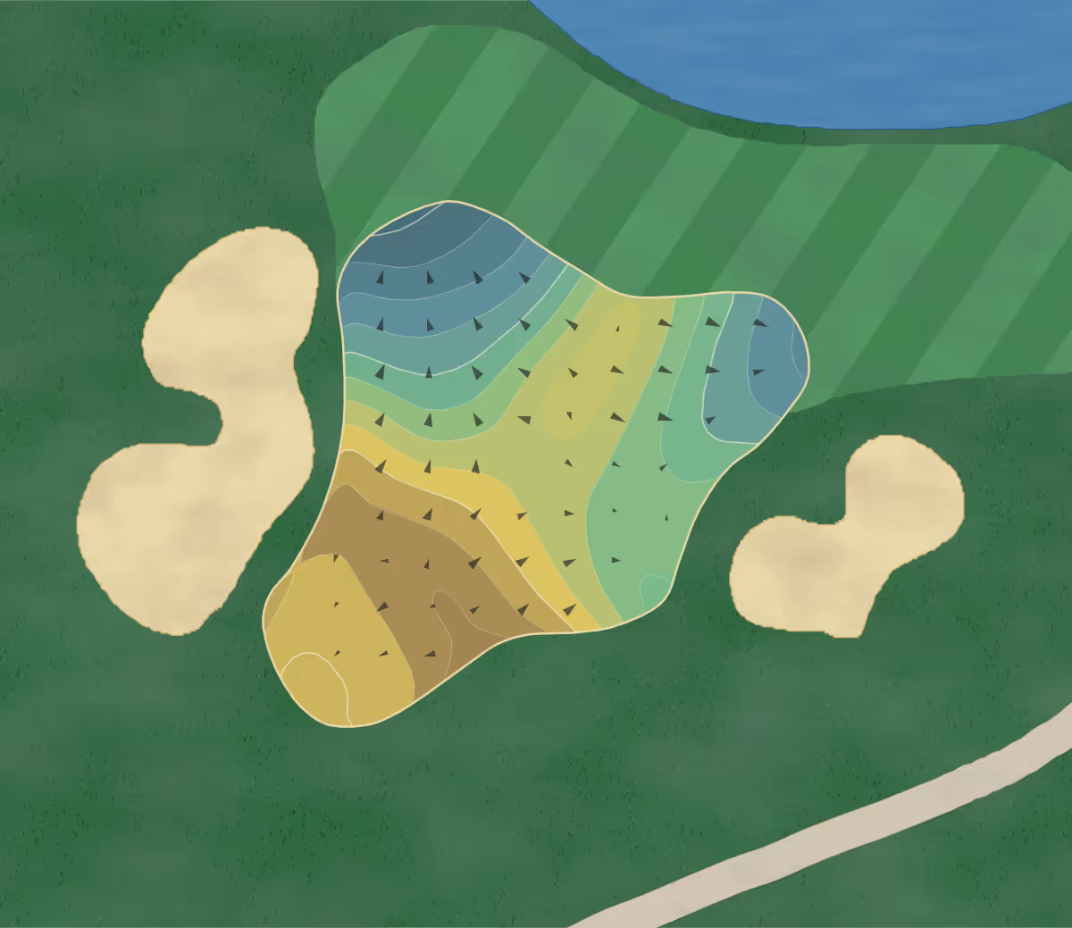 Green contour map of Arrowhead in San Bernardino, California — 211 elevation contours at a 3-inch interval with fall-line arrows, traced from 1-meter lidar