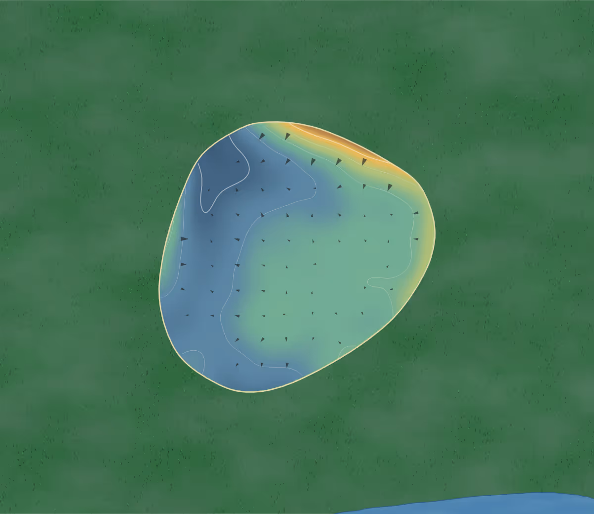 Green contour map of Arrowhead in Lowell, Michigan — 84 elevation contours at a 3-inch interval with fall-line arrows, traced from 1-meter lidar