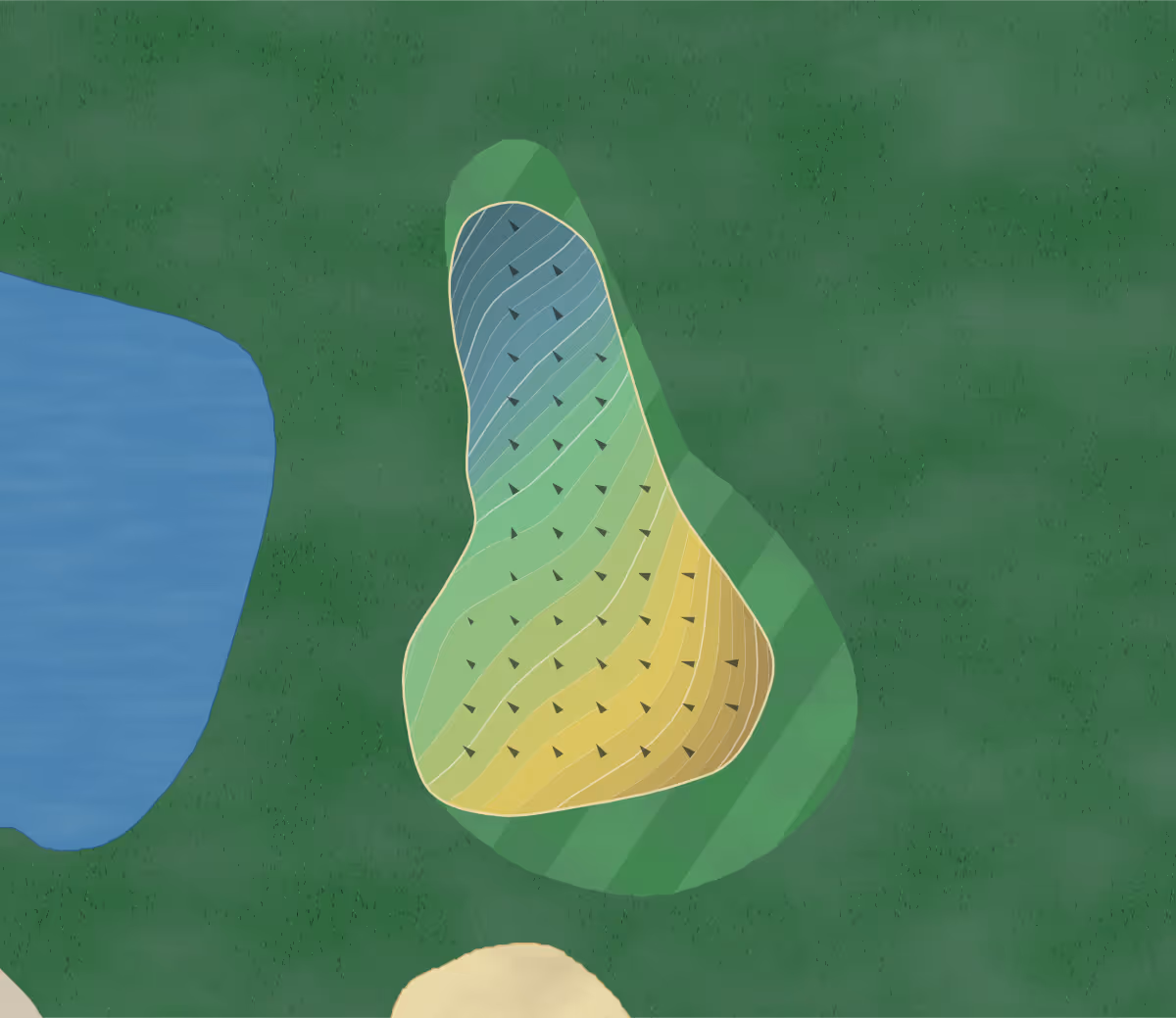 Green contour map of Arrowhead Gc in Littleton, Colorado — 300 elevation contours at a 3-inch interval with fall-line arrows, traced from 1-meter lidar