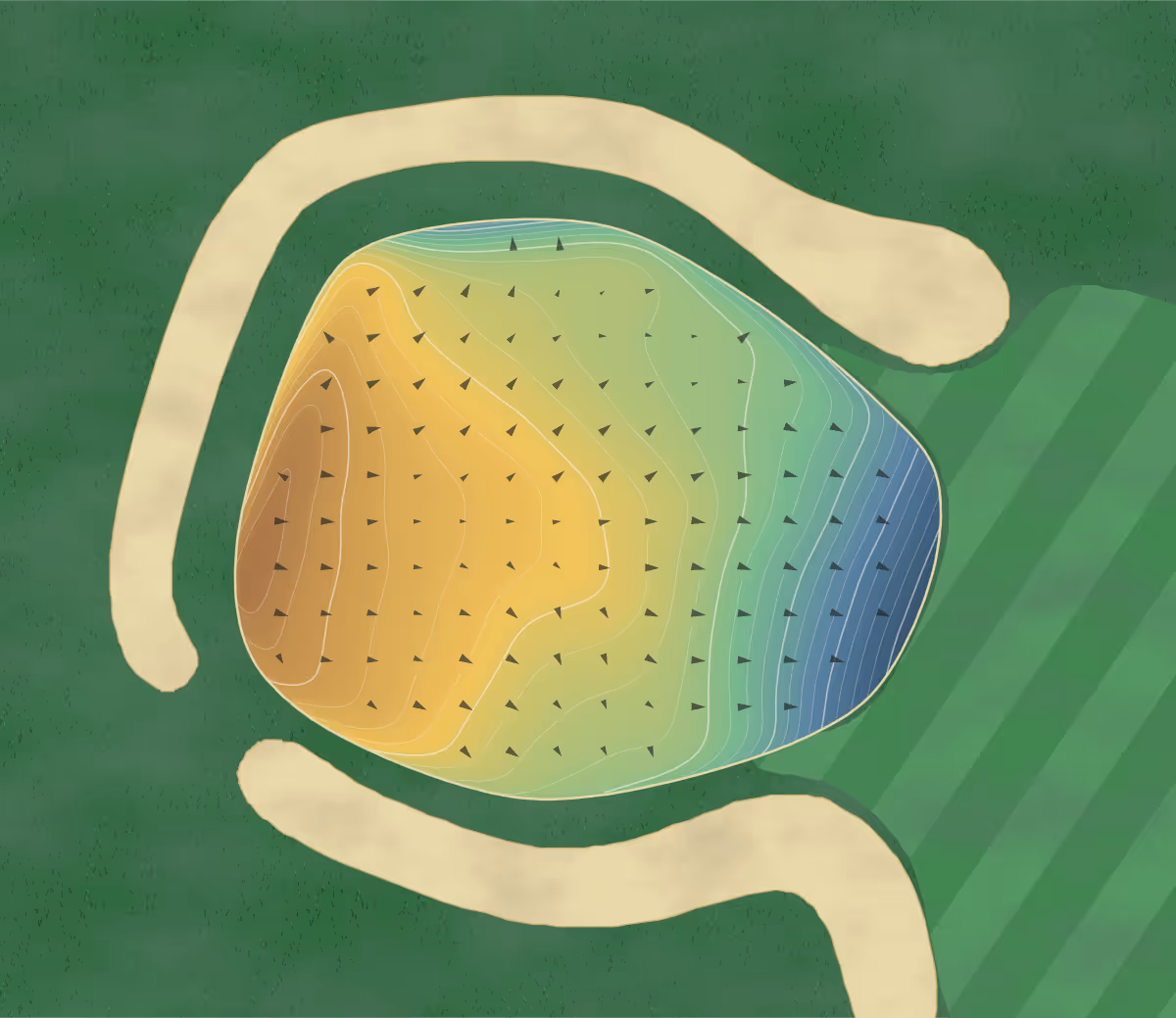 Green contour map of Arrowhead in Wheaton, Illinois — 269 elevation contours at a 3-inch interval with fall-line arrows, traced from 1-meter lidar