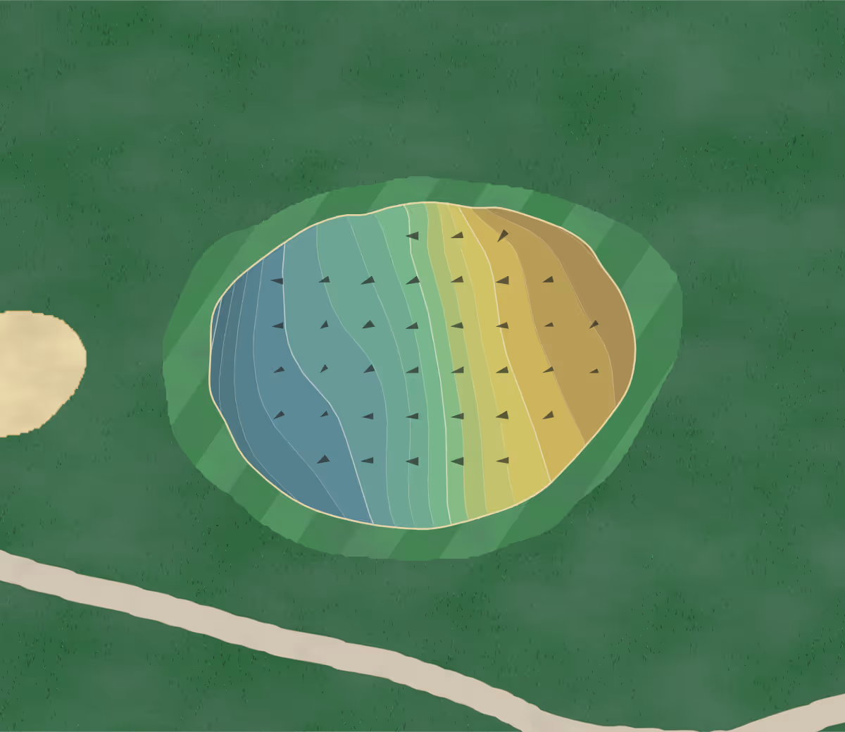 Green contour map of Arrowhead Golf Club in North Canton, Ohio — 154 elevation contours at a 3-inch interval with fall-line arrows, traced from 1-meter lidar