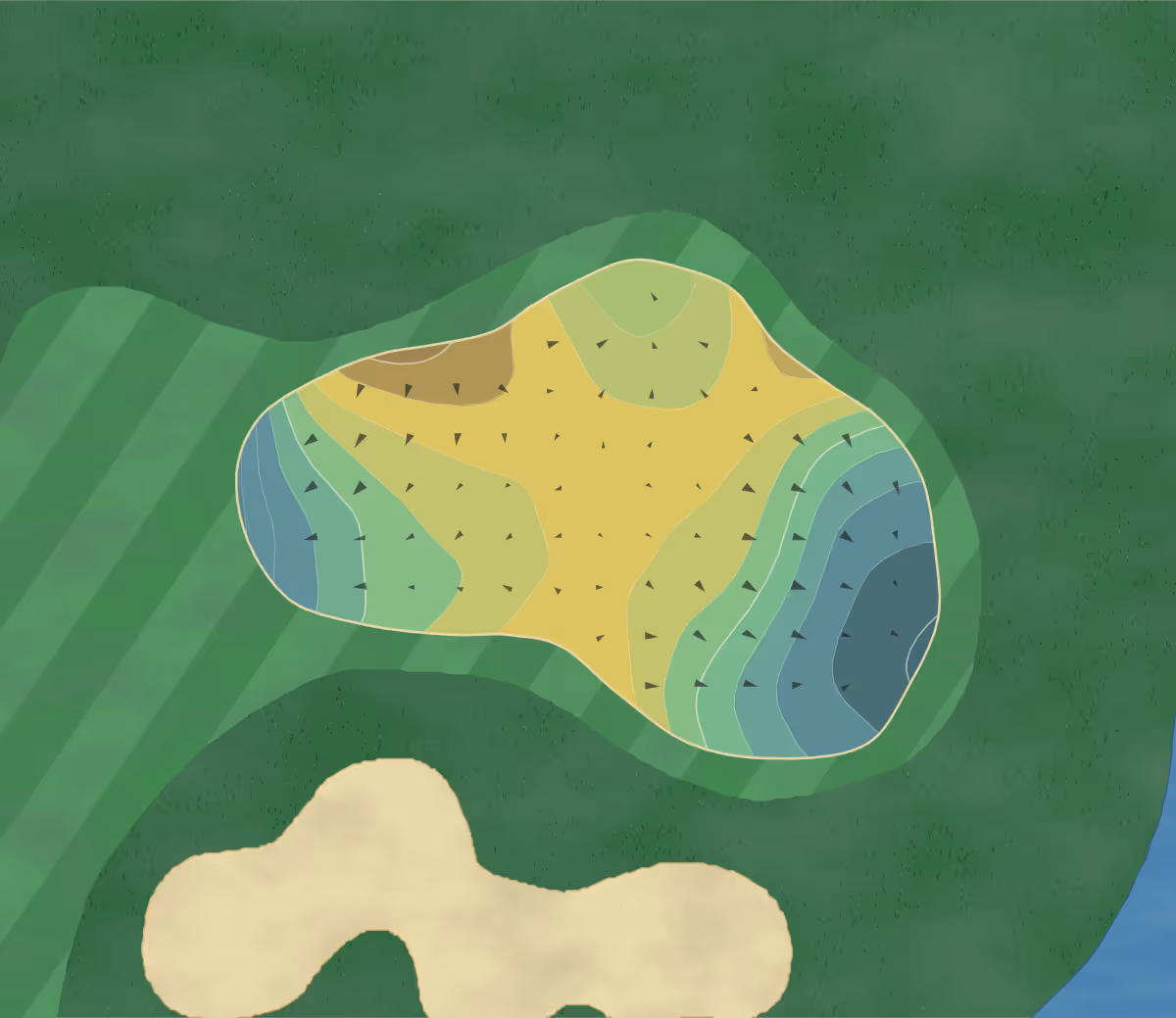 Green contour map of Arrowhead Golf in Akron, New York — 166 elevation contours at a 3-inch interval with fall-line arrows, traced from 1-meter lidar