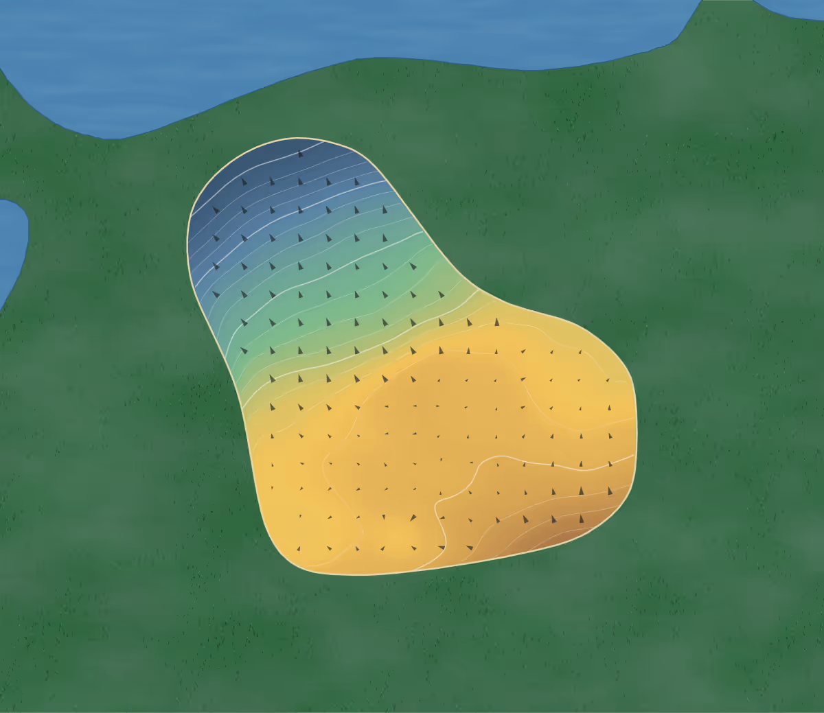 Green contour map of Arrowhead in East Syracuse, New York: 248 elevation contours at a 3-inch interval with fall-line arrows, traced from 1-meter lidar
