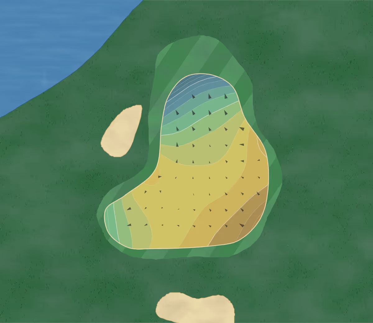 Green contour map of Arrowhead Lakes in Galena, Ohio — 82 elevation contours at a 3-inch interval with fall-line arrows, traced from 1-meter lidar
