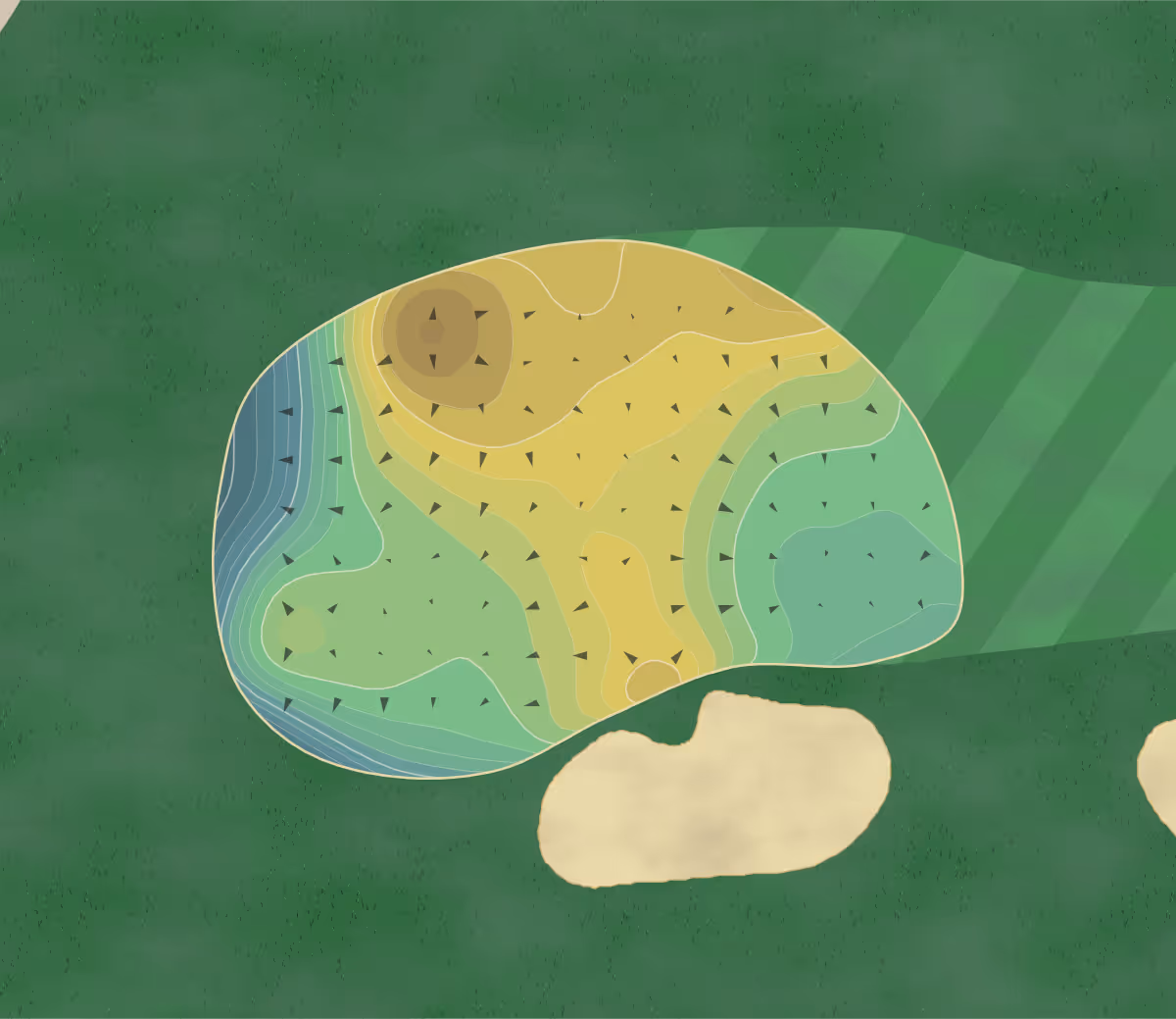 Green contour map of Arrowhead Pointe in Elberton, Georgia — 197 elevation contours at a 3-inch interval with fall-line arrows, traced from 1-meter lidar