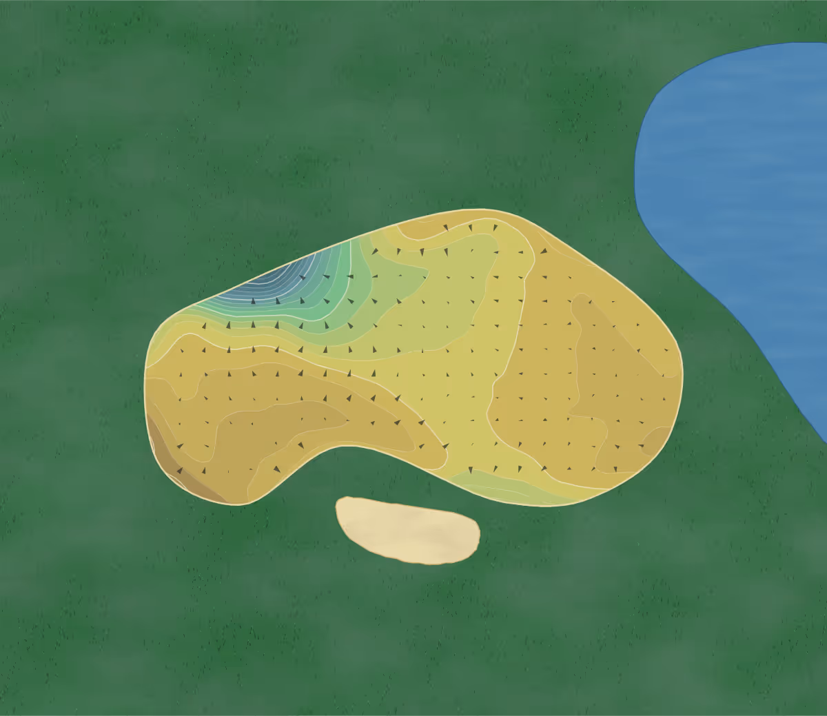 Green contour map of Arscott GC in Shrewsbury, England — 153 elevation contours at a 8-centimeter interval with fall-line arrows, traced from 1-meter lidar