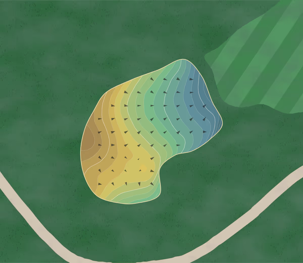 Green contour map of Arthur Hills in Mexico, Missouri — 243 elevation contours at a 3-inch interval with fall-line arrows, traced from 1-meter lidar