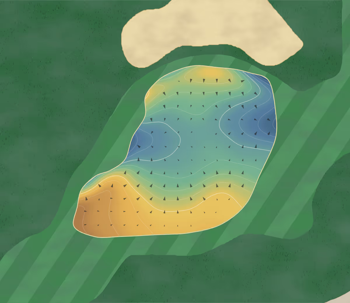 Green contour map of Arthur Hills in Onekama, Michigan — 211 elevation contours at a 3-inch interval with fall-line arrows, traced from 1-meter lidar