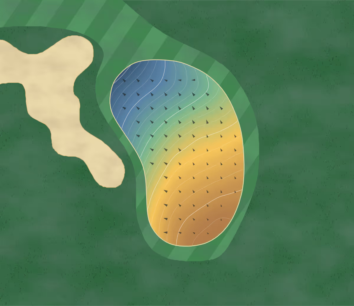 Green contour map of Asa Golf Club in Sanyo-Onoda, Japan: 259 elevation contours at a 8-centimeter interval with fall-line arrows, traced from 1-meter lidar