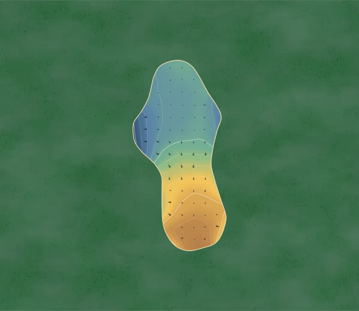 Green contour map of Ashburton in Ashburton, New Zealand — 35 elevation contours at a 8-centimeter interval with fall-line arrows, traced from 1-meter lidar