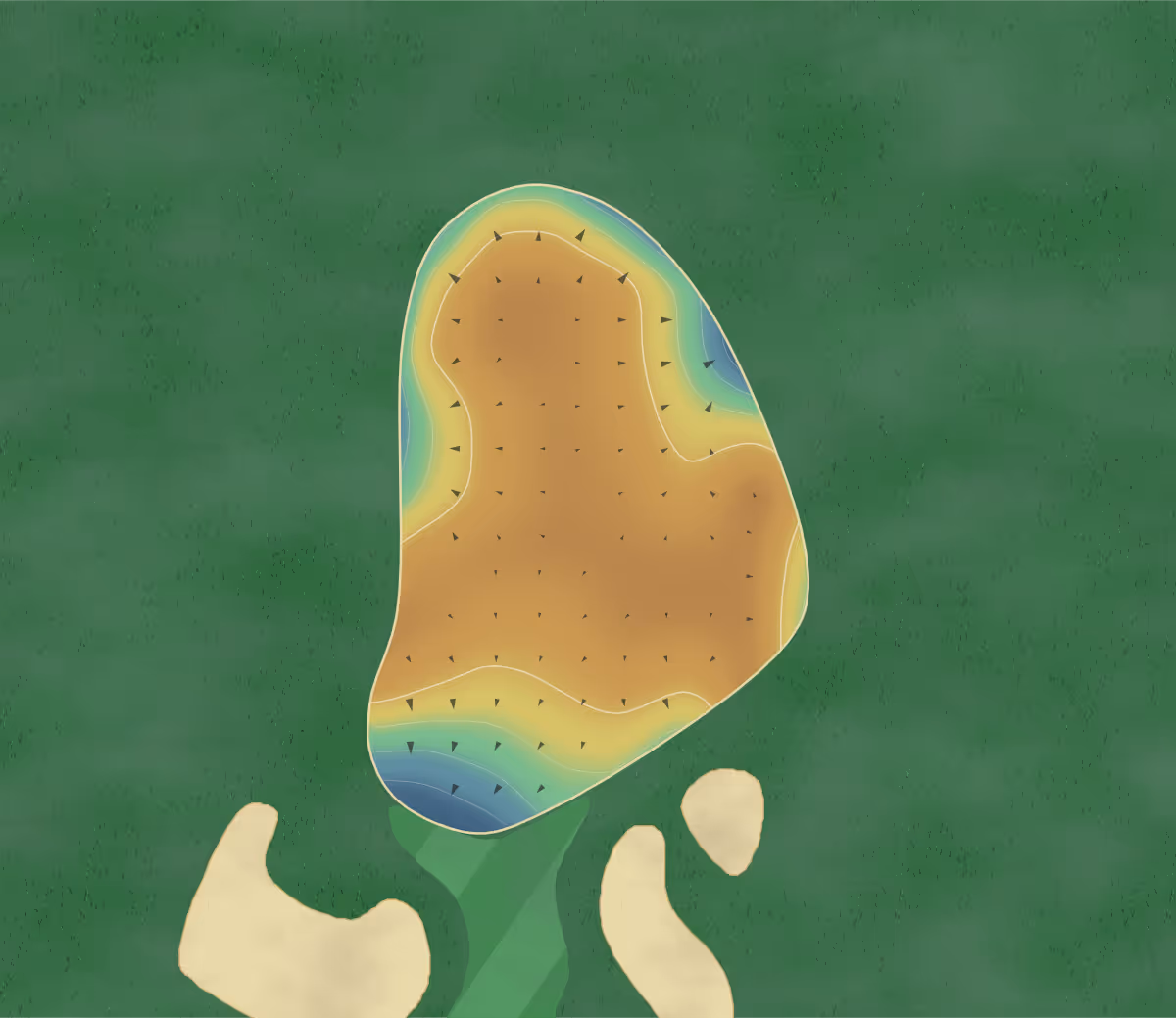 Green contour map of Atsumaru Aso Akamizu in Minamiaso, Japan: 307 elevation contours at a 8-centimeter interval with fall-line arrows, traced from 1-meter lidar