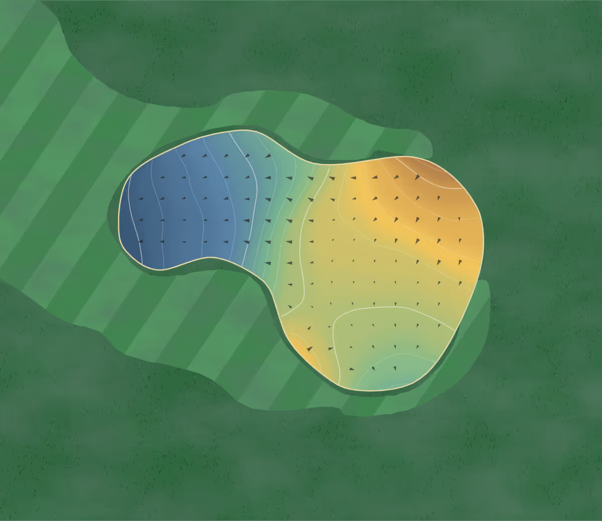 Green contour map of Aspen Links in Moose Jaw, Canada: 157 elevation contours at a 8-centimeter interval with fall-line arrows, traced from 1-meter lidar