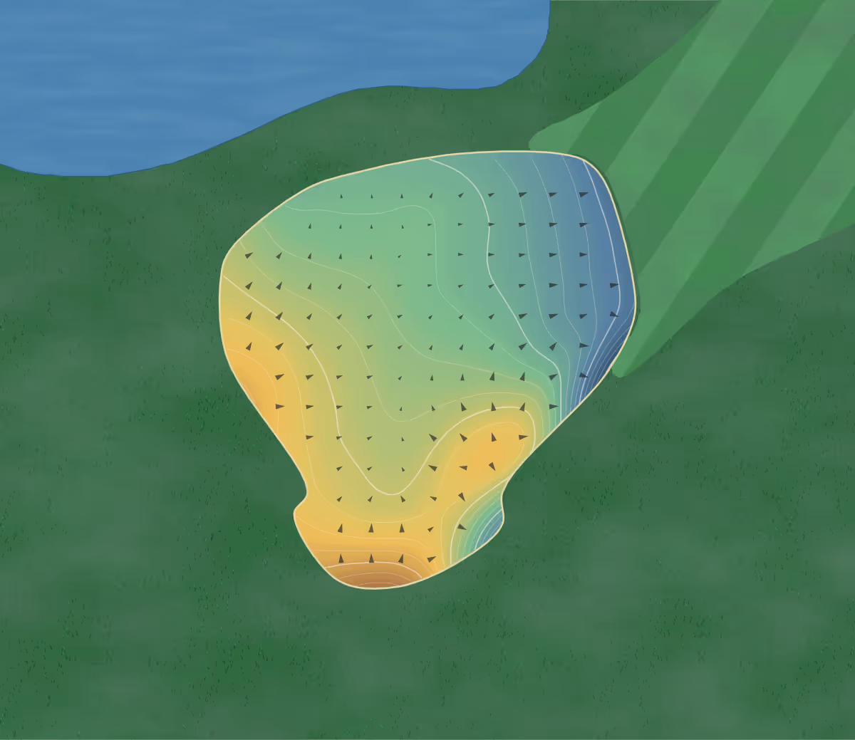 Green contour map of Aspotogan Ridge in Hubbards, Canada: 111 elevation contours at a 8-centimeter interval with fall-line arrows, traced from 1-meter lidar