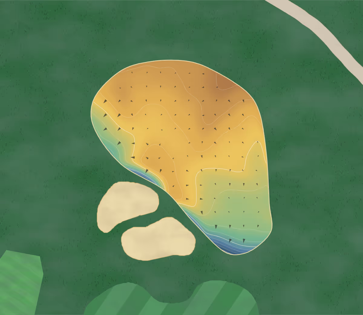 Green contour map of Asquith in Mt Colah, Sydney, Australia — 215 elevation contours at a 8-centimeter interval with fall-line arrows, traced from 1-meter lidar