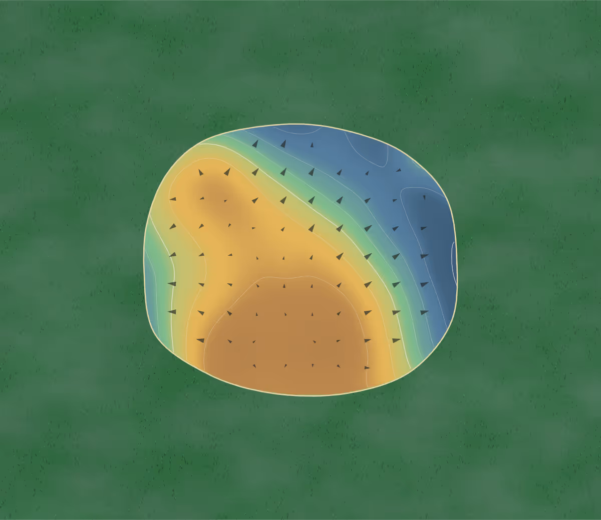 Green contour map of Assateague Greens in Berlin, Maryland — 55 elevation contours at a 3-inch interval with fall-line arrows, traced from 1-meter lidar