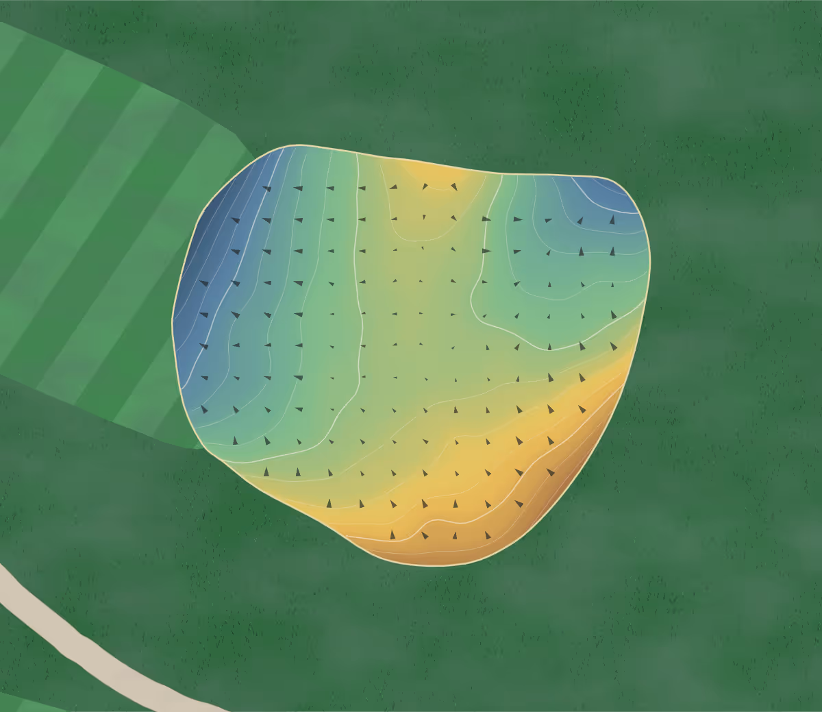 Green contour map of Atchison Gc in Atchison, Kansas — 204 elevation contours at a 3-inch interval with fall-line arrows, traced from 1-meter lidar