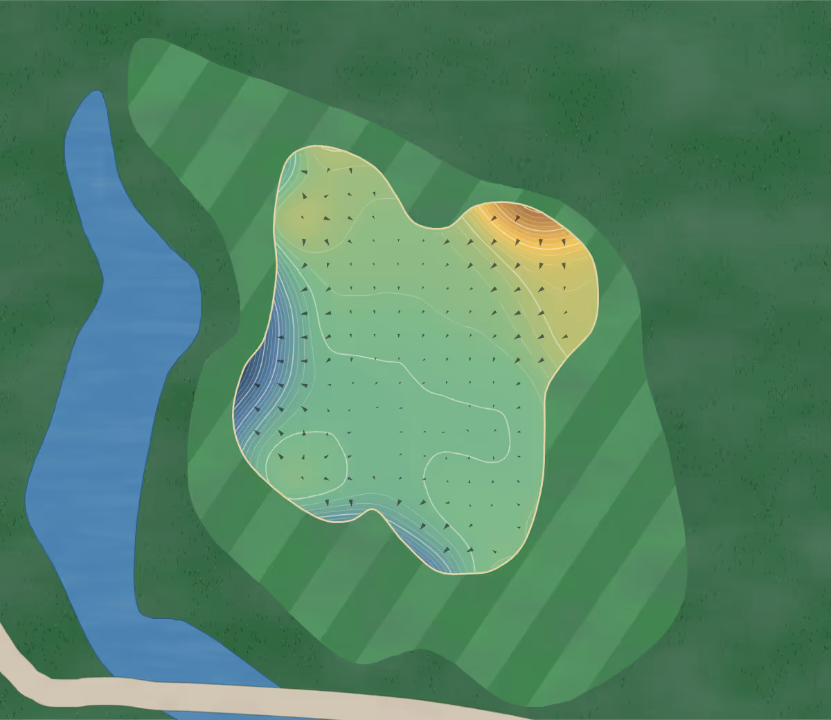 Green contour map of Athabasca in Athabasca, Canada — 369 elevation contours at a 8-centimeter interval with fall-line arrows, traced from 1-meter lidar