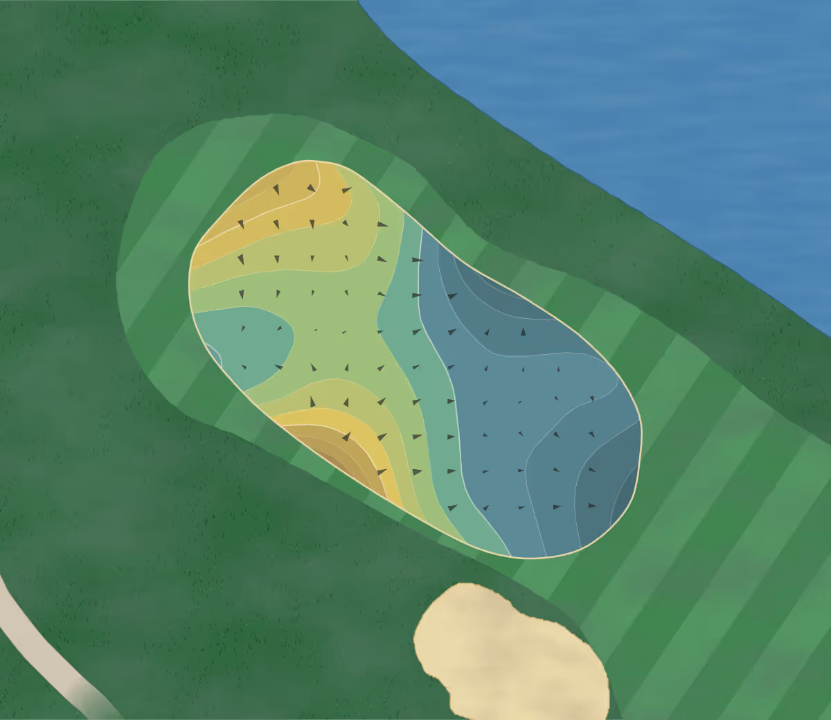 Green contour map of Atkins Golf Club in Urbana, Illinois — 199 elevation contours at a 3-inch interval with fall-line arrows, traced from 1-meter lidar