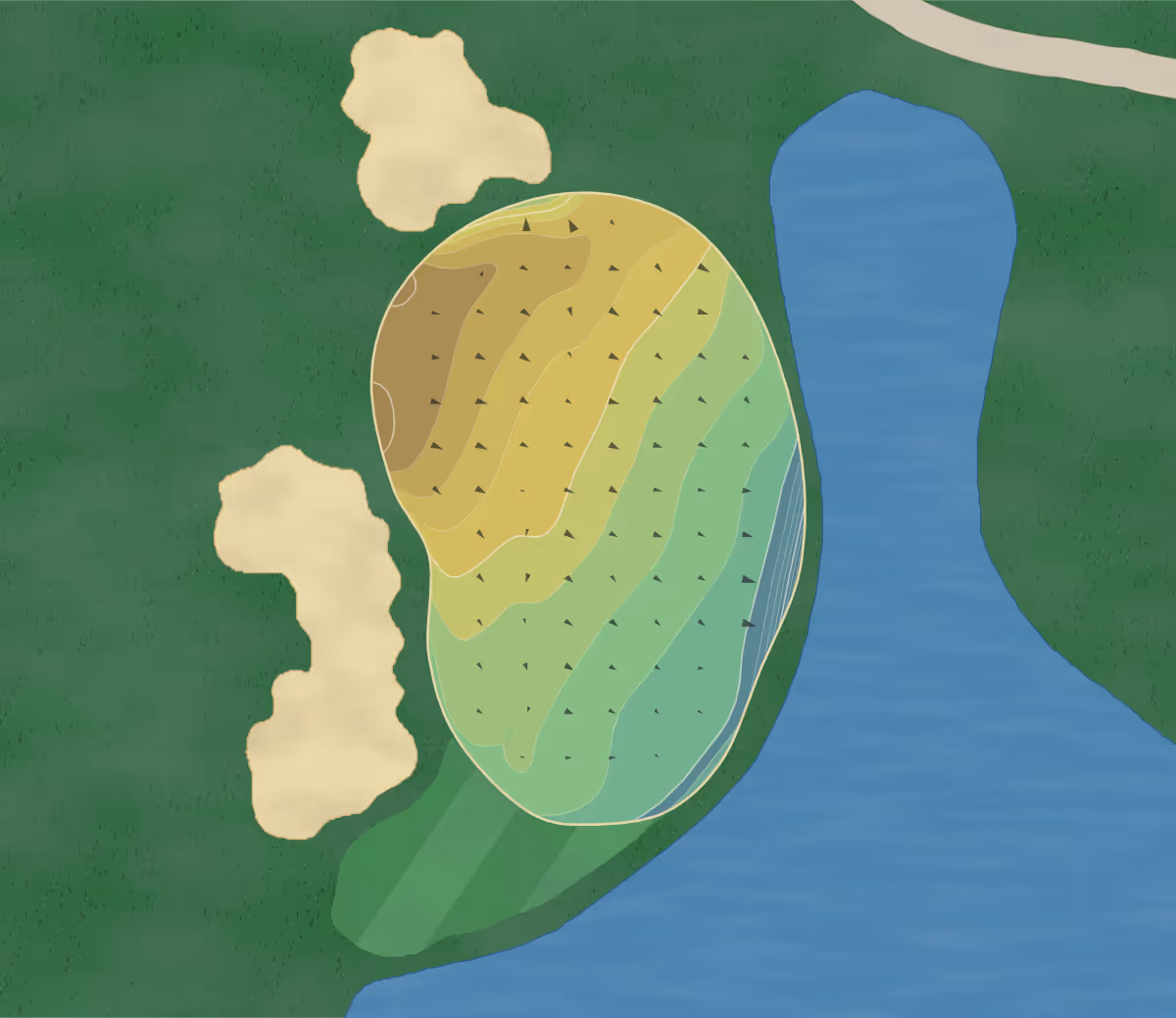 Green contour map of Atlanta Athletic Club in Johns Creek, Georgia — 349 elevation contours at a 3-inch interval with fall-line arrows, traced from 1-meter lidar