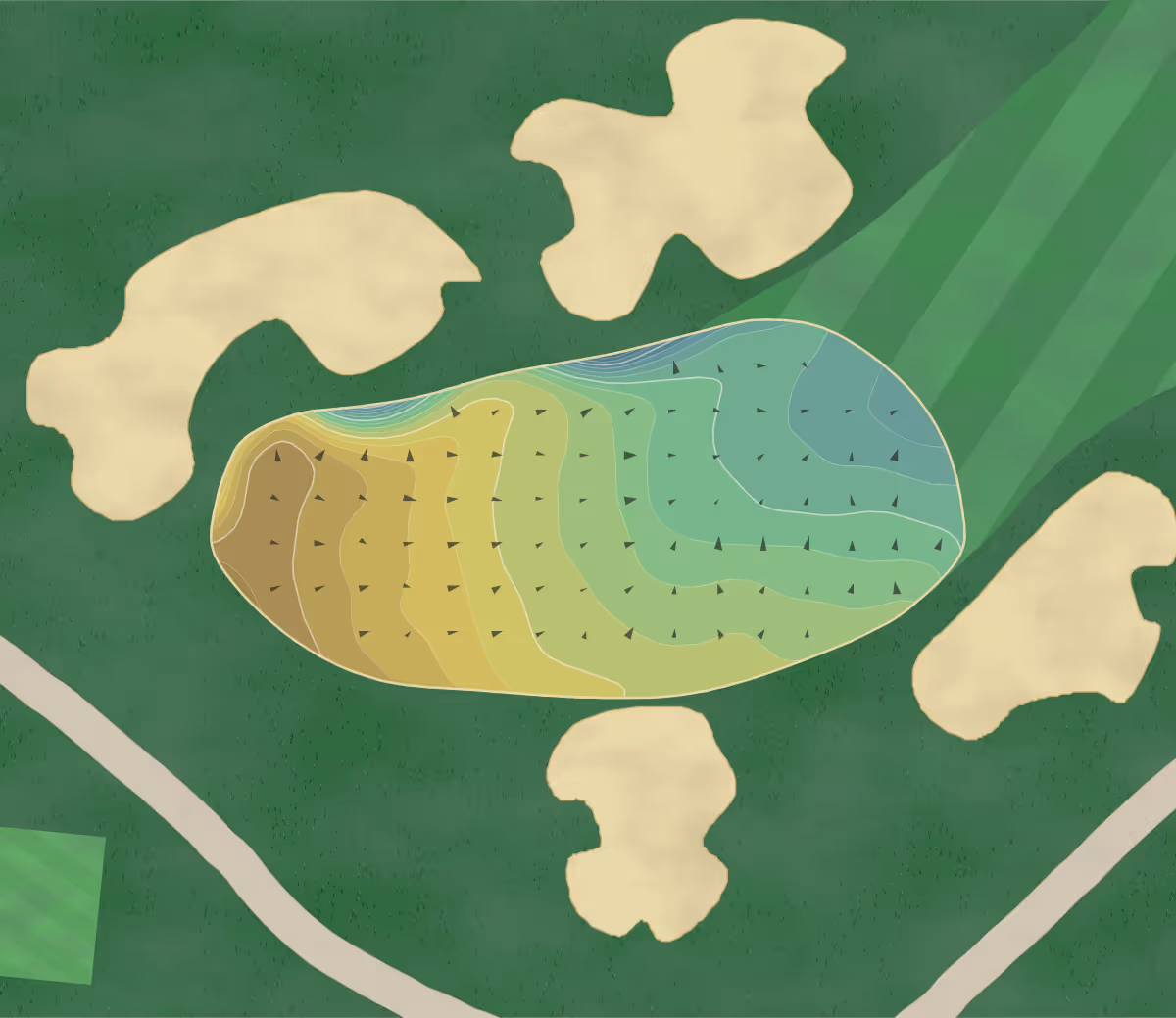 Green contour map of Atlantic GC in Bridgehampton, New York — 233 elevation contours at a 3-inch interval with fall-line arrows, traced from 1-meter lidar