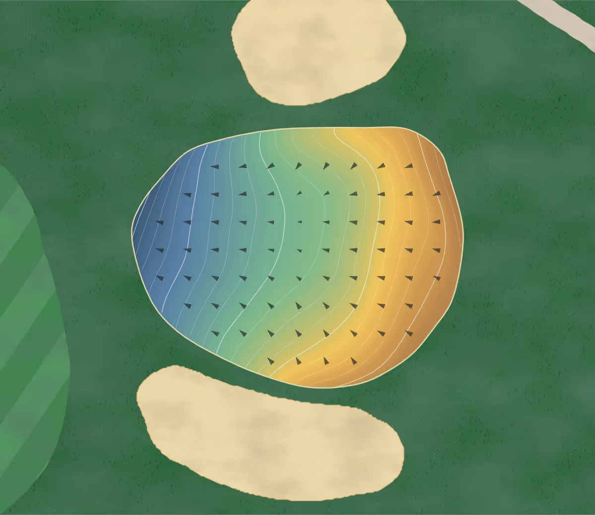 Green contour map of Atlantic Golf in Atlantic, Iowa — 197 elevation contours at a 3-inch interval with fall-line arrows, traced from 1-meter lidar