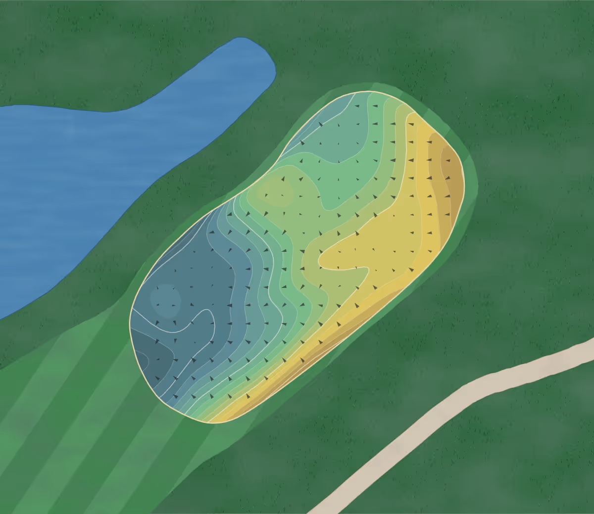 Green contour map of Atlantic Pines Golf Club in Wells, Maine — 210 elevation contours at a 3-inch interval with fall-line arrows, traced from 1-meter lidar