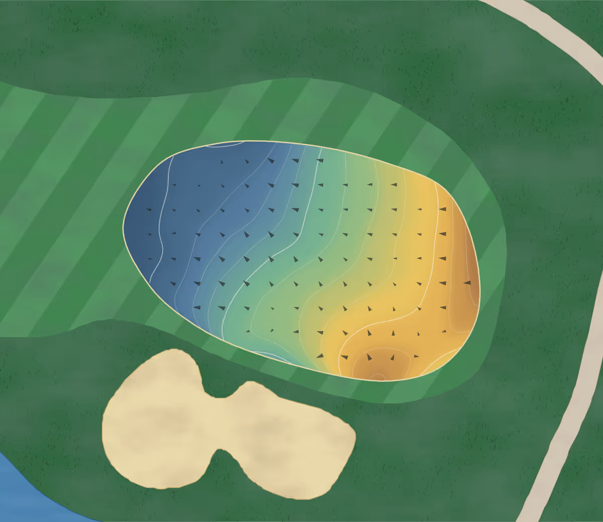 Green contour map of Atlantide Don Quichotte in Ile Perrot, Canada: 110 elevation contours at a 8-centimeter interval with fall-line arrows, traced from 1-meter lidar
