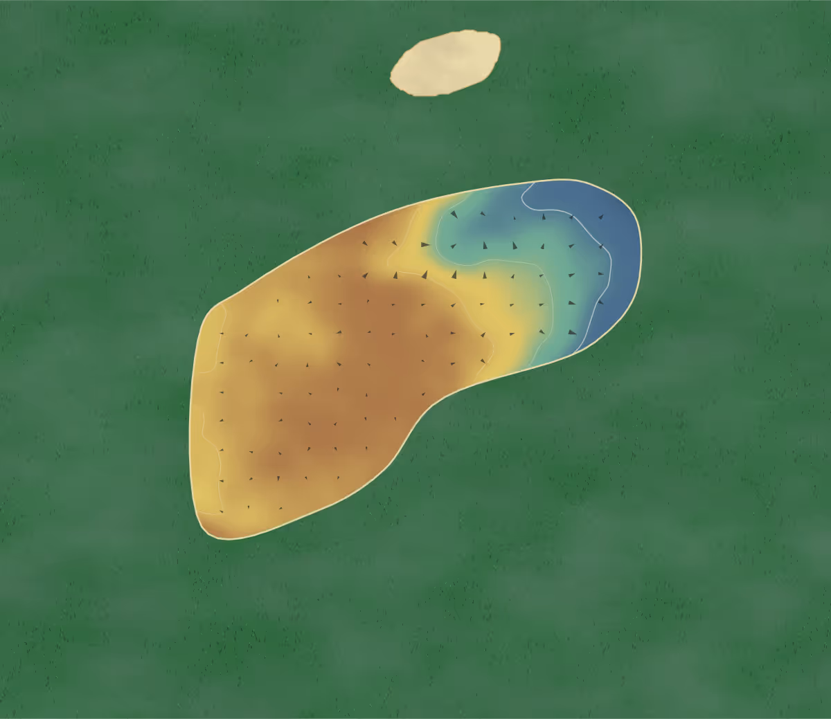 Green contour map of Auchenharvie in Stevenston, Scotland: 16 elevation contours at a 8-centimeter interval with fall-line arrows, traced from 1-meter lidar