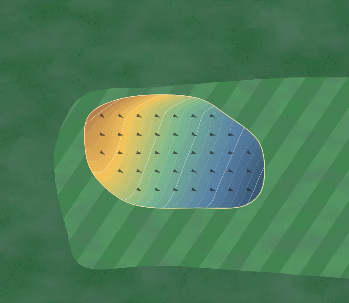 Green contour map of Audubon Golf in Audubon, Iowa — 115 elevation contours at a 3-inch interval with fall-line arrows, traced from 1-meter lidar