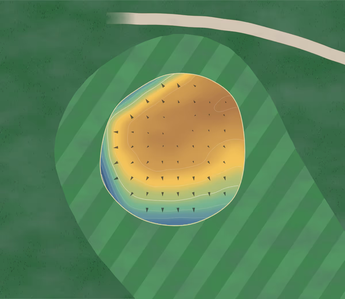 Green contour map of Aurelia Gc in Aurelia, Iowa — 72 elevation contours at a 3-inch interval with fall-line arrows, traced from 1-meter lidar
