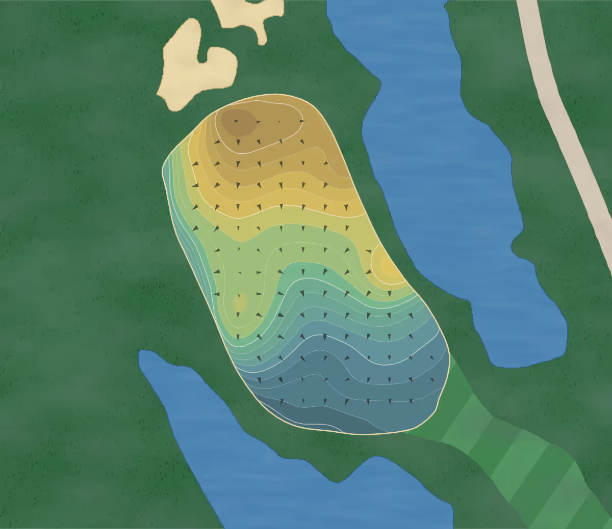 Green contour map of Aviara GC in Carlsbad, California — 249 elevation contours at a 3-inch interval with fall-line arrows, traced from 1-meter lidar