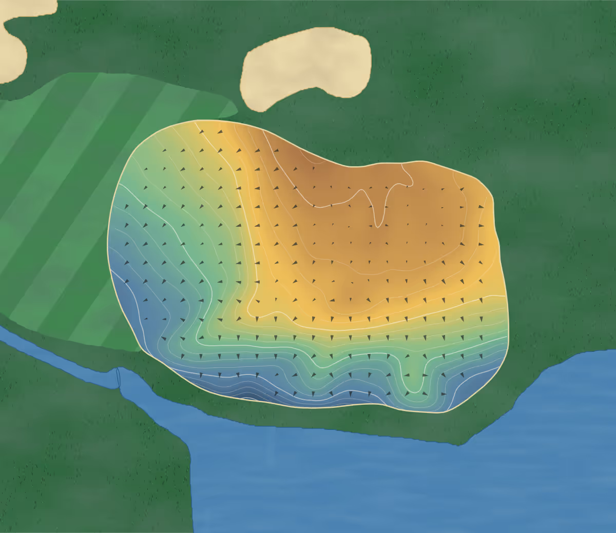 Green contour map of Avisford Park in Nr Arundel, England: 193 elevation contours at a 8-centimeter interval with fall-line arrows, traced from 1-meter lidar
