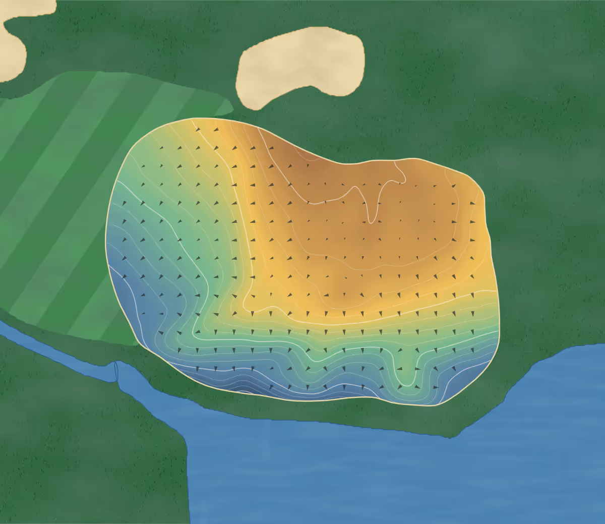 Green contour map of Avisford Park in Nr Arundel, England — 185 elevation contours at a 8-centimeter interval with fall-line arrows, traced from 1-meter lidar