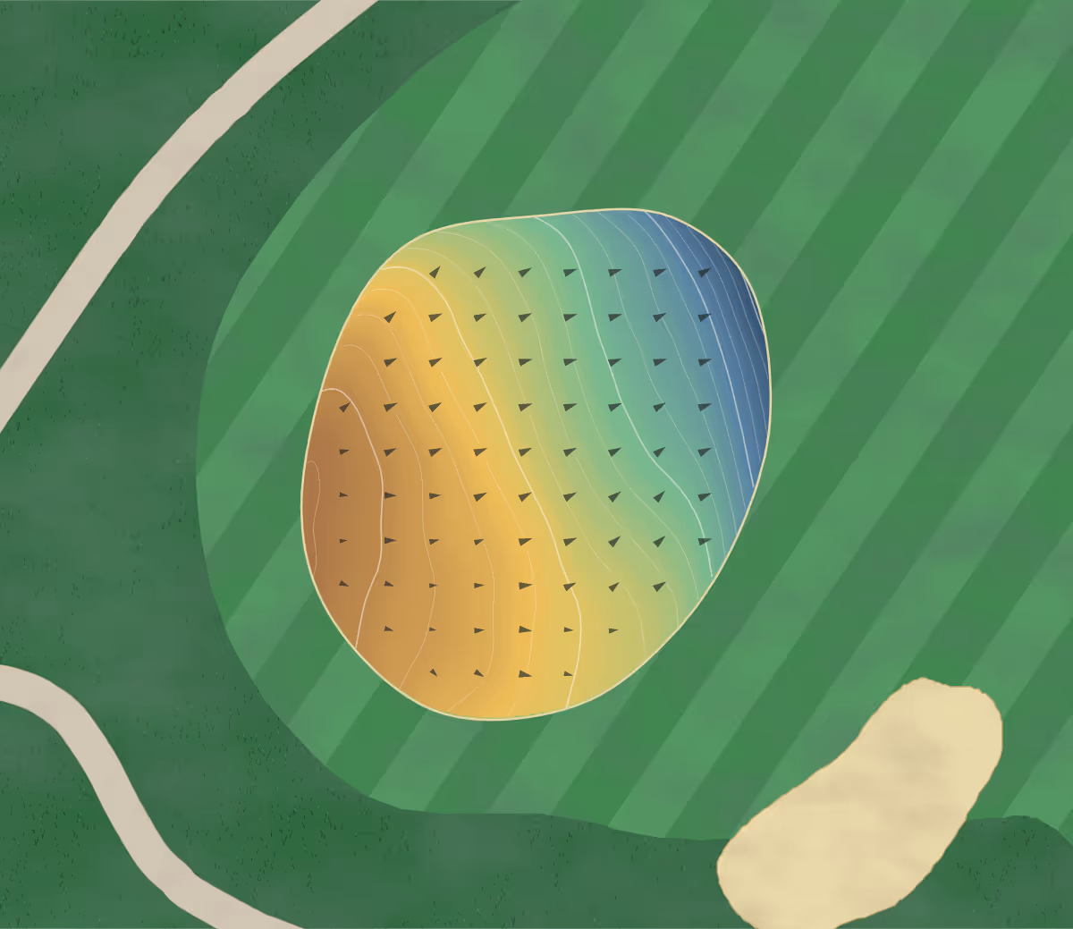 Green contour map of Avoca Country in Avoca, Iowa — 98 elevation contours at a 3-inch interval with fall-line arrows, traced from 1-meter lidar