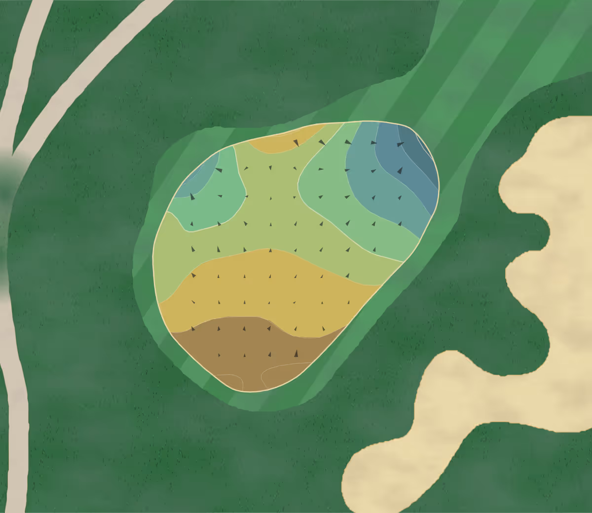 Green contour map of Avon Oaks in Avon, Ohio — 125 elevation contours at a 3-inch interval with fall-line arrows, traced from 1-meter lidar