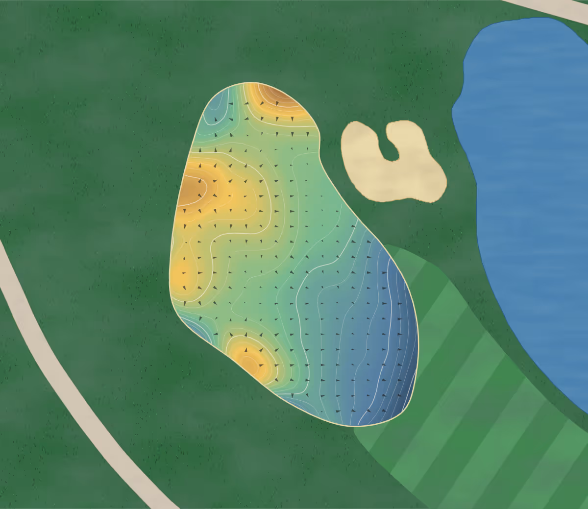 Green contour map of Avondale in Canada — 313 elevation contours at a 8-centimeter interval with fall-line arrows, traced from 1-meter lidar